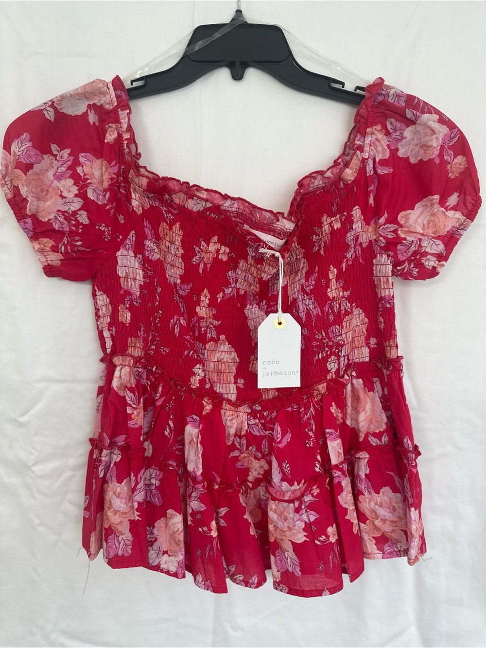 Coco and Jamieson Floral Puff Sleeve Smocked Peplum Top